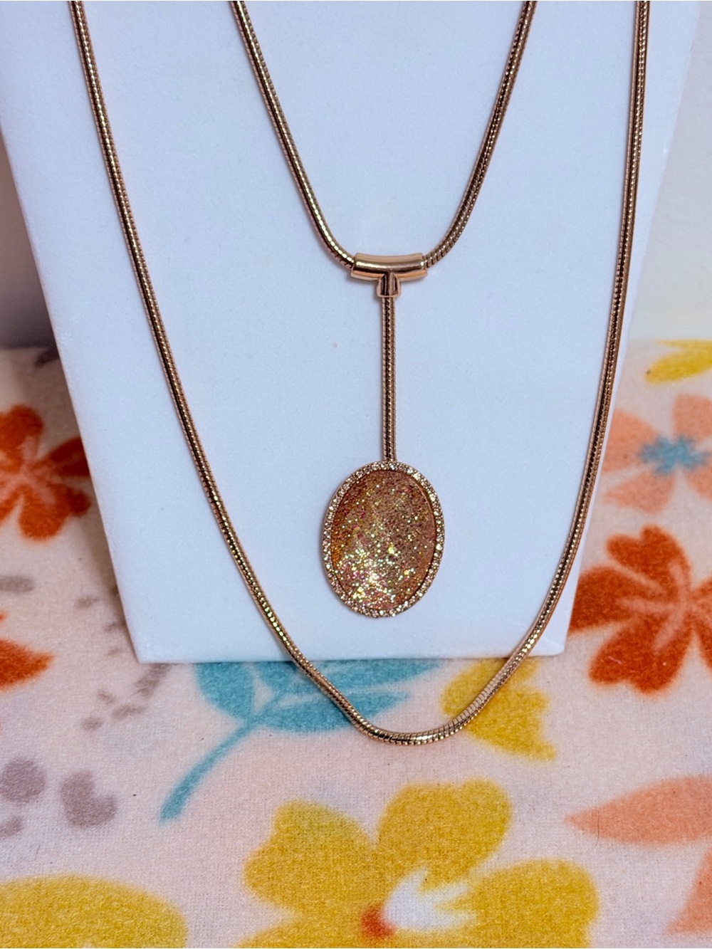 Forever 21 Gold-Tone Layered Necklace with Glitter Oval Pendant